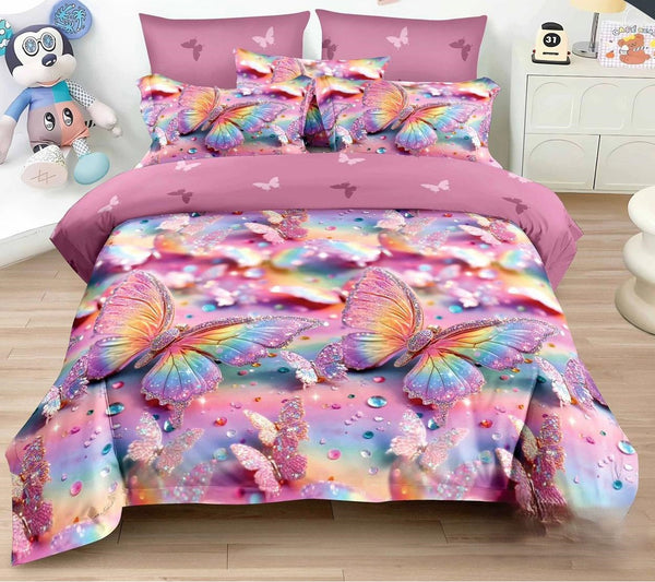 lenjerii bumbac finet pucioasa pat dublu roz multicolor fluturi BF618