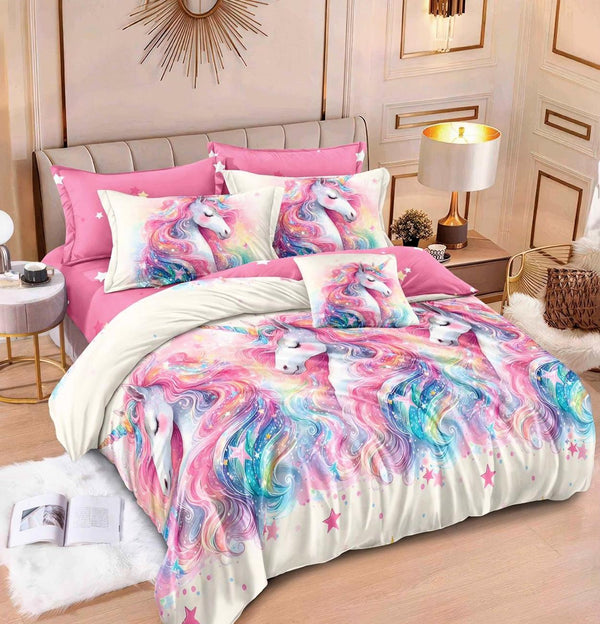 Lenjerii Finet Pucioasa Pat Dublu Roz Multicolor Unicorni BF584
