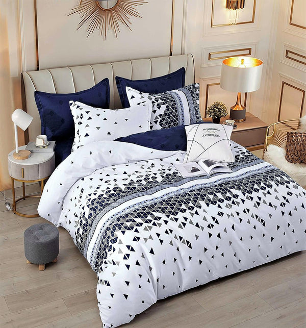 Lenjerii Bumbac Finet Satinat Pat Dublu Albe Albastre Triunghiuri BFJ65
