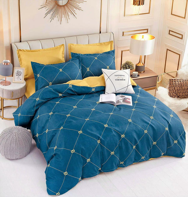 Lenjerii Bumbac Finet Satinat Pat Dublu Albastre Elegant Auriu BFJ64