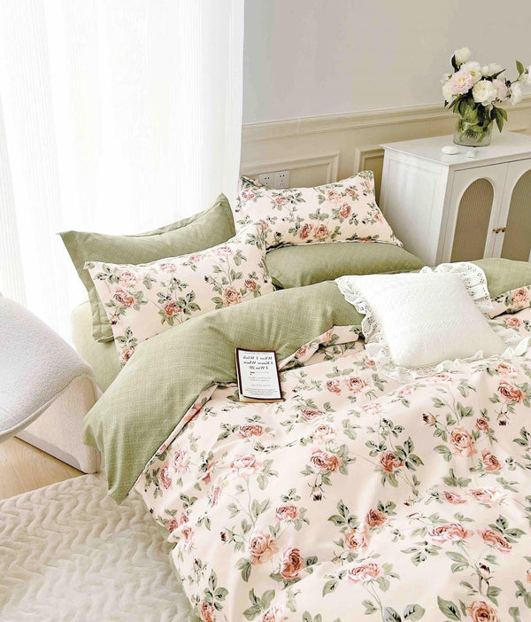 Lenjerii Finet Satinat Pat Dublu Verde Alb Floral BFJ95