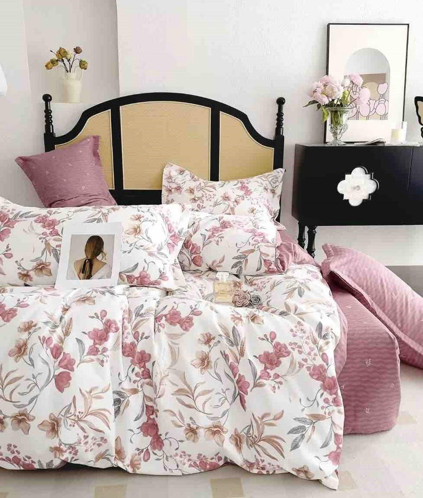 Lenjerii Finet Satinat Pat Dublu Albe Roz Floral BFJ97