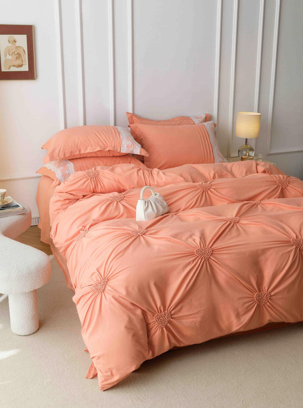 Lenjerii Bumbac Finet Luxury Inimi Brodate Pat Dublu Roz Somon BFJ817