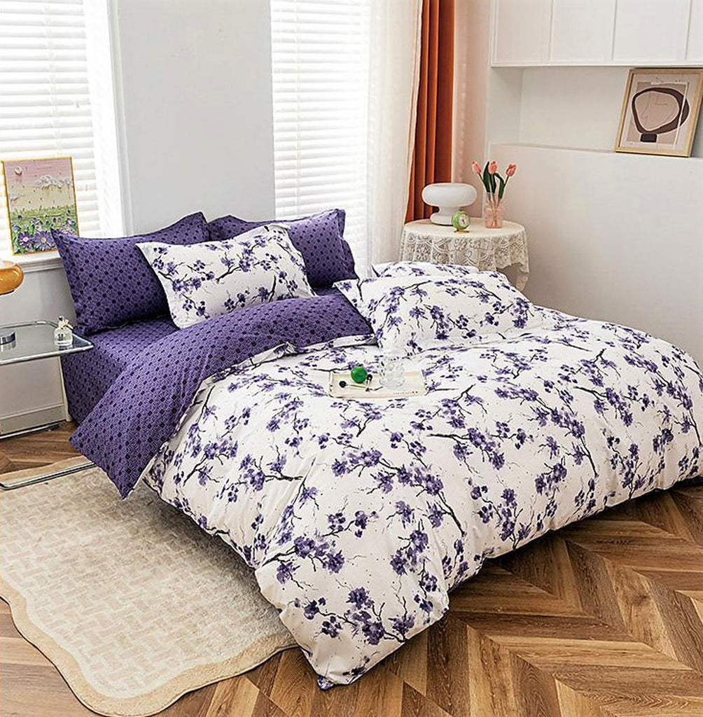 Lenjerii 1+1 Gratis Bumbac Satinat Pucioasa Albe Mov Floral L625