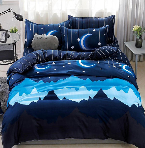 Lenjerii 1+1 Gratis Bumbac Satinat Pucioasa Albastre Semiluna Stelute L164