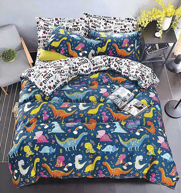 lenjerii 1+1 gratis bumbac satinat pucioasa albastre dinozauri L381 