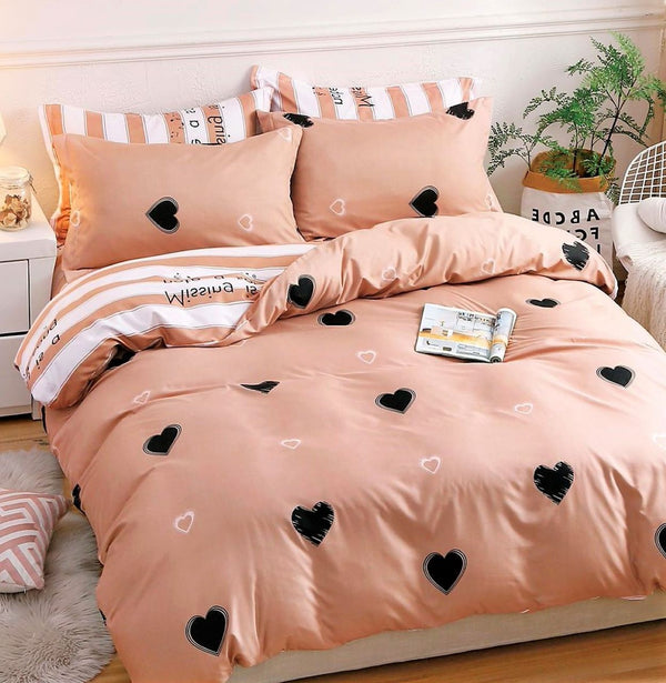 Lenjerii 1+1 Gratis Bumbac Satinat Pucioasa Bej Inimi Negre L427