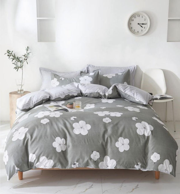 Lenjerie Bumbac Satinat Superior Pat Dublu 4 Piese Gri Floral L520