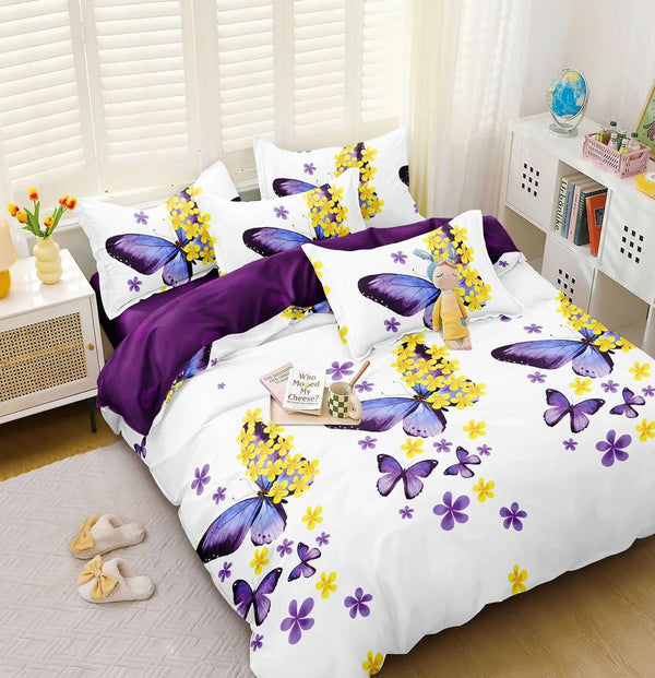 Lenjerii 1+1 Gratis Bumbac Satinat Pucioasa Albe Mov Flori L688