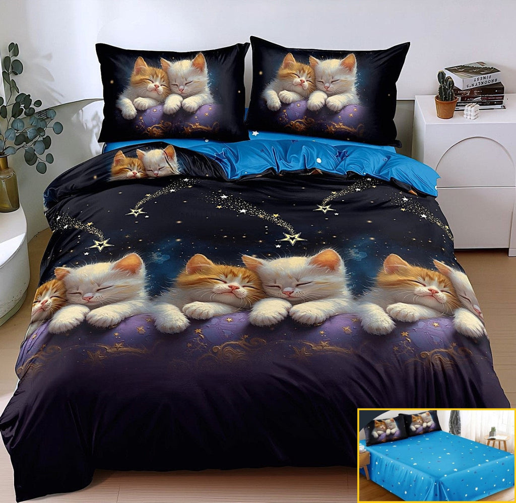 lenjerii 1+1 gratis bumbac satinat pucioasa  albastru mov stele pisica L731