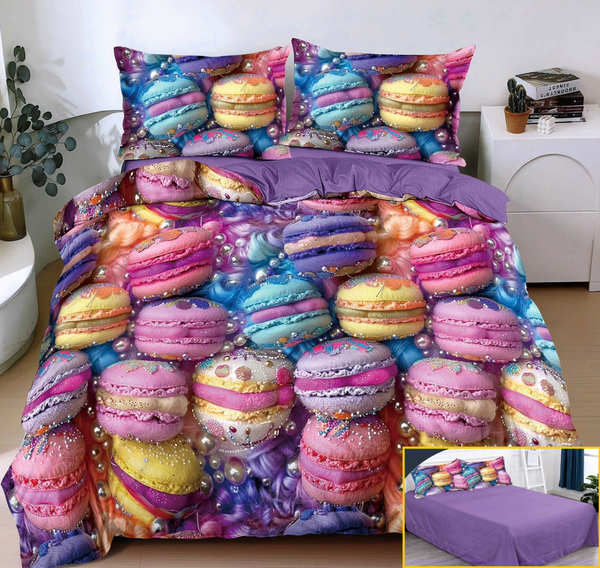 lenjerie bumbac satinat superior 4 piese pat dublu mov macarons L711