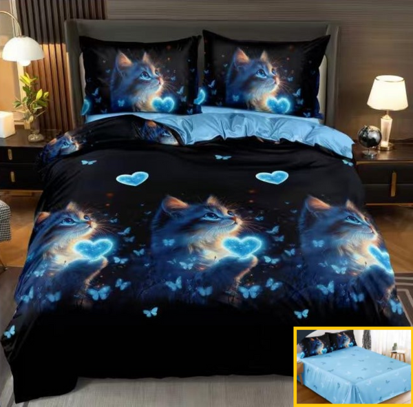 lenjerie bumbac satinat superior 4 piese pat dublu albastru pisica L718