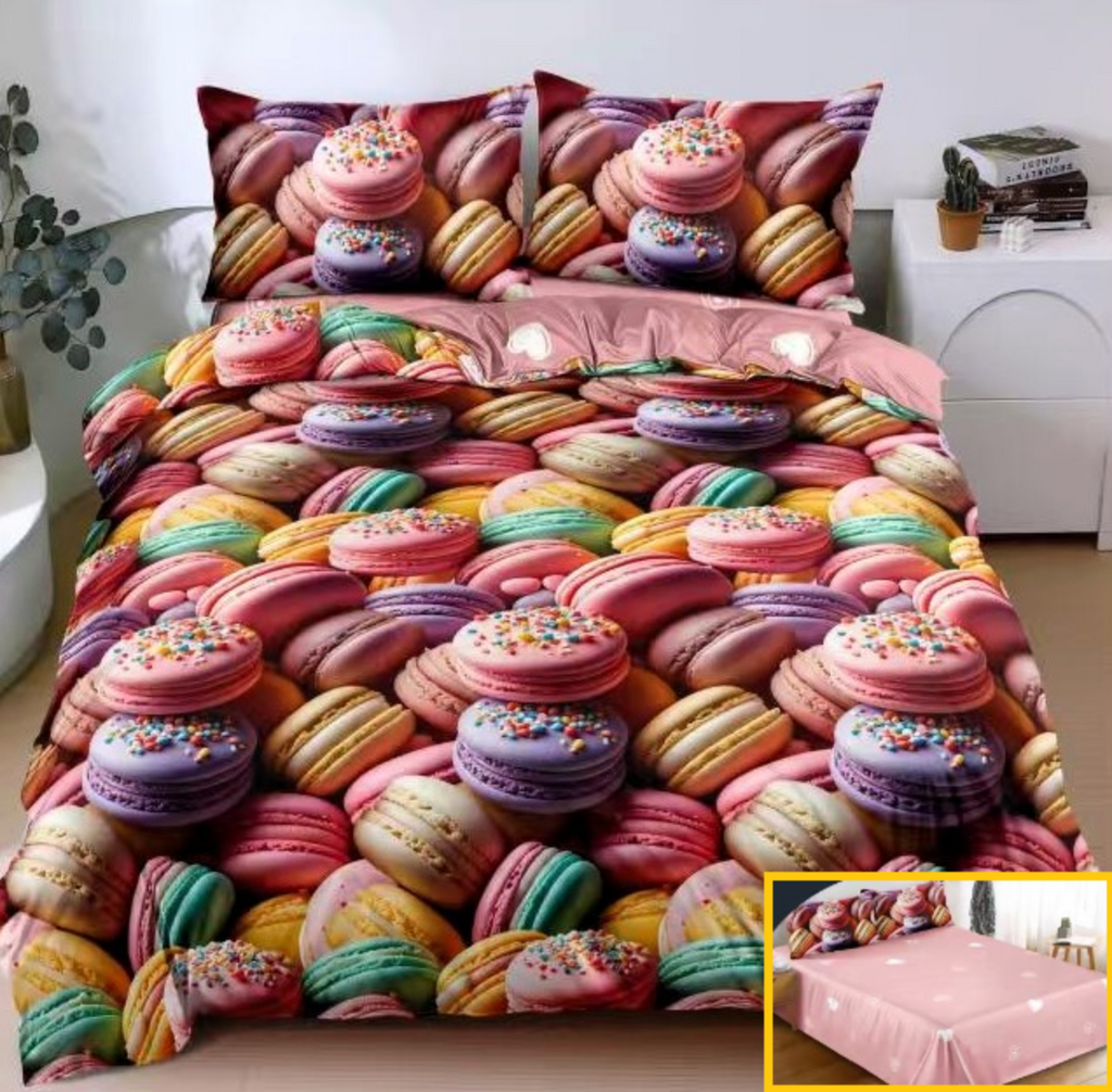 lenjerie bumbac satinat superior 4 piese pat dublu roz macarons L721