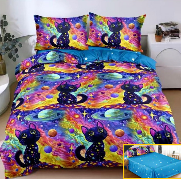 lenjerie bumbac satinat superior 4 piese pat dublu albastru pisica L727