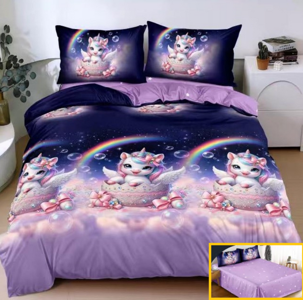 set lenjerie 4 piese bumbac satinat superior pat dublu 160x200 unicorni mov curcubeu albastru