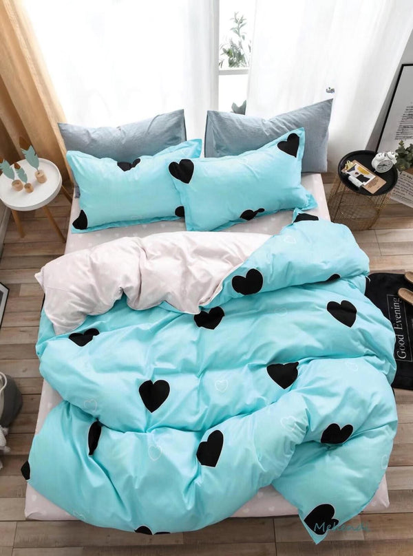 Lenjerii 1+1 Gratis Bumbac Satinat Pucioasa Albastre Inimioare Negre L249