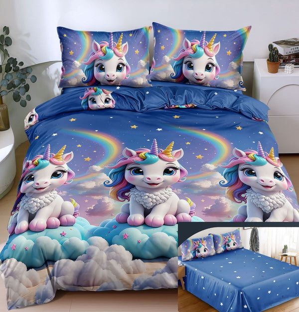 lenjerii 1+1 gratis bumbac satinat pucioasa 4 piese albastra unicorn L716