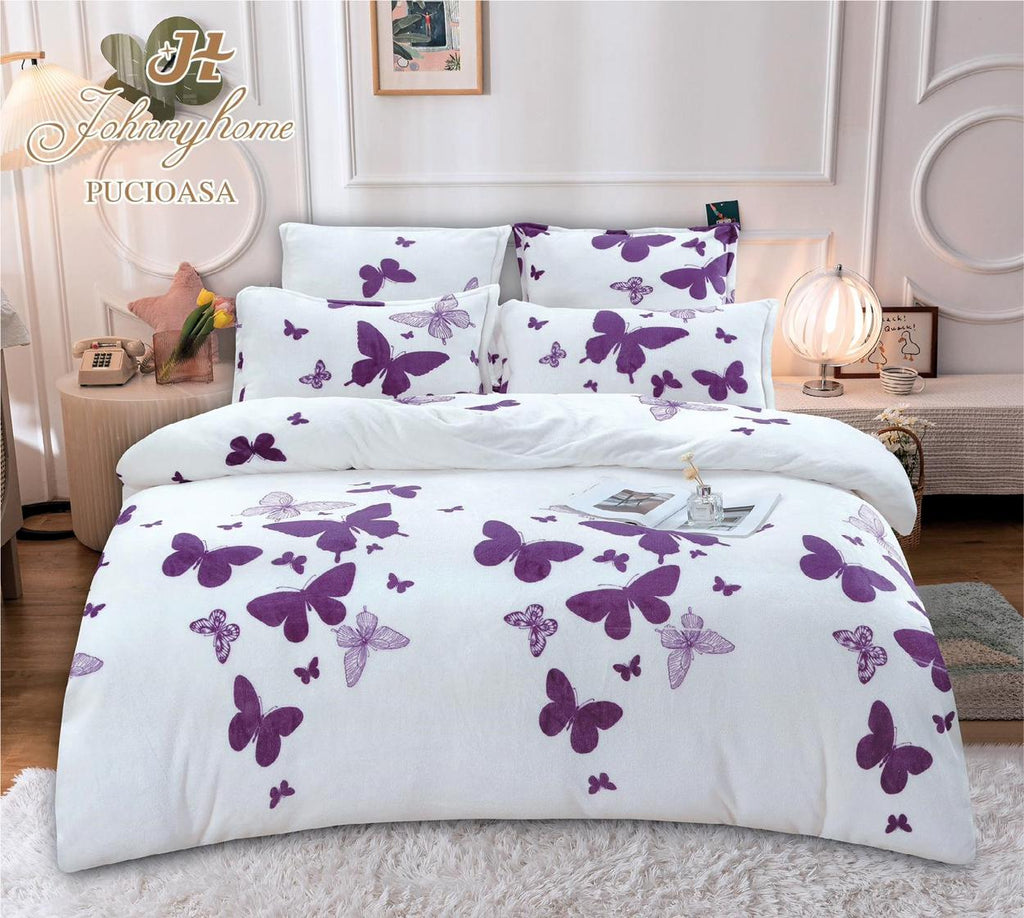 Lenjerii Cocolino Premium Pat Dublu Albe Fluturasi Mov LCC06