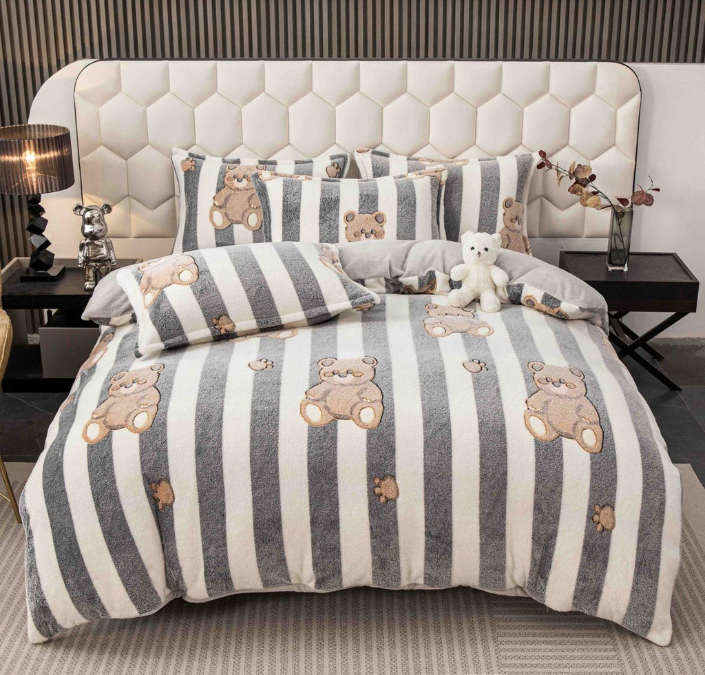 Lenjerii Cocolino cu Elastic Pat Dublu Albe Gri Dungi LCEJ26