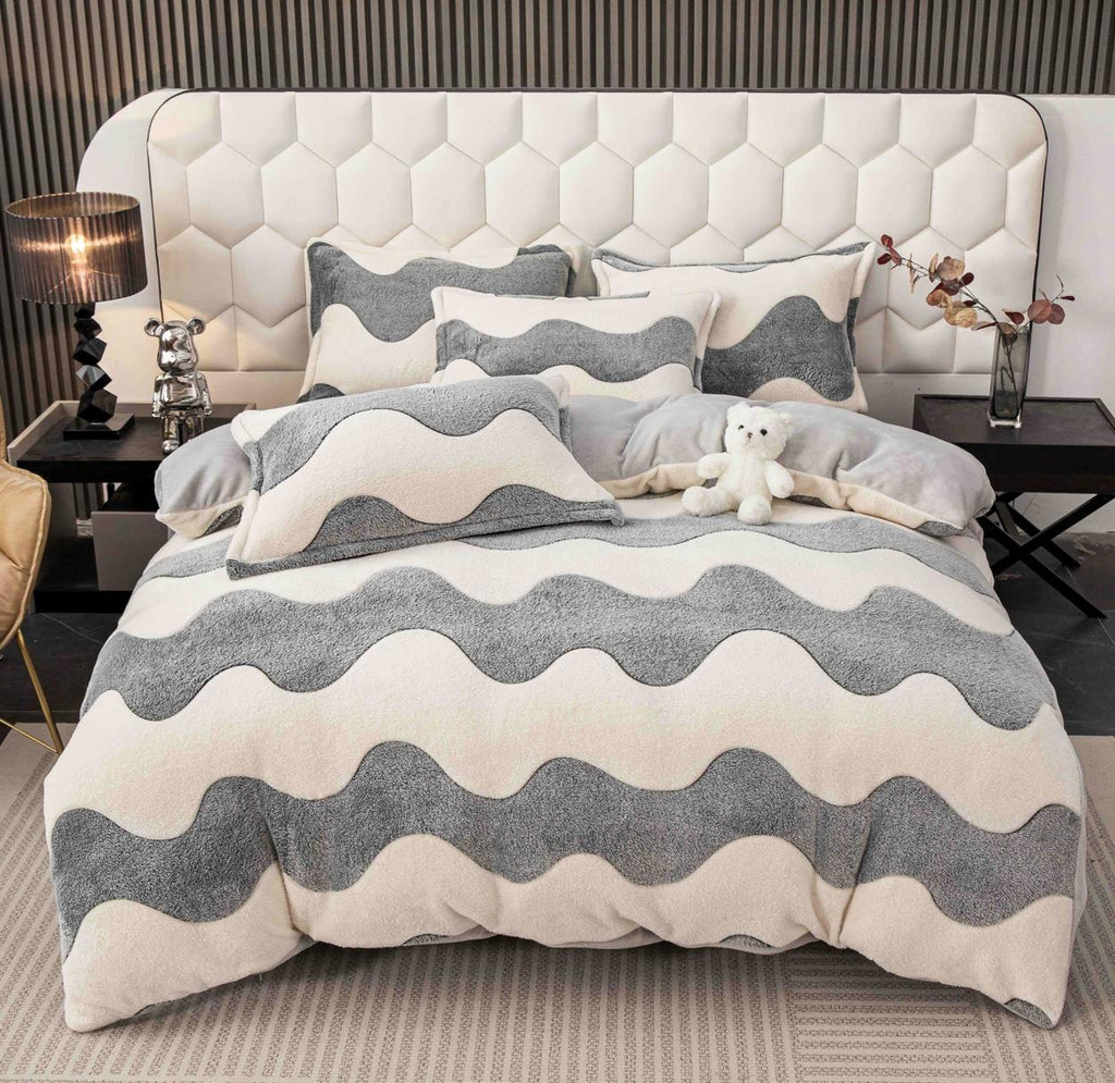 Lenjerii Cocolino cu Elastic Pat Dublu Albe Gri  Valuri LCEJ27