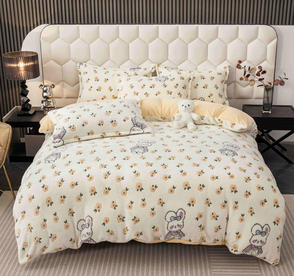 Lenjerii Cocolino cu Elastic Pat Dublu Crem Galbene Iepurasi LCEJ29