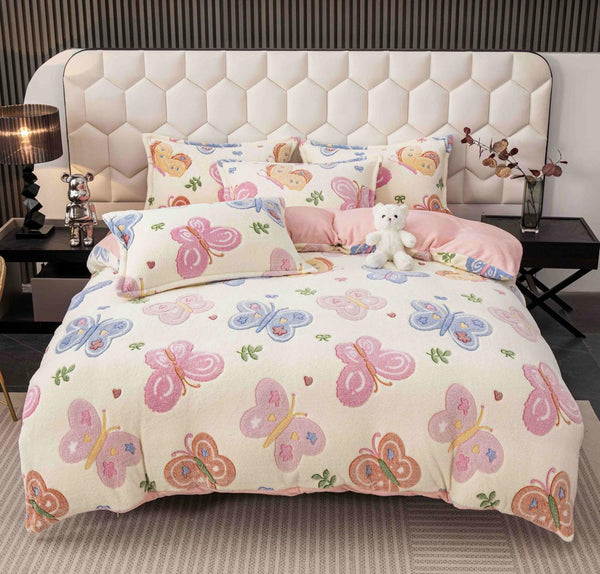 Lenjerii Cocolino cu Elastic Pat Dublu Crem Roz Fluturasi LCEJ30