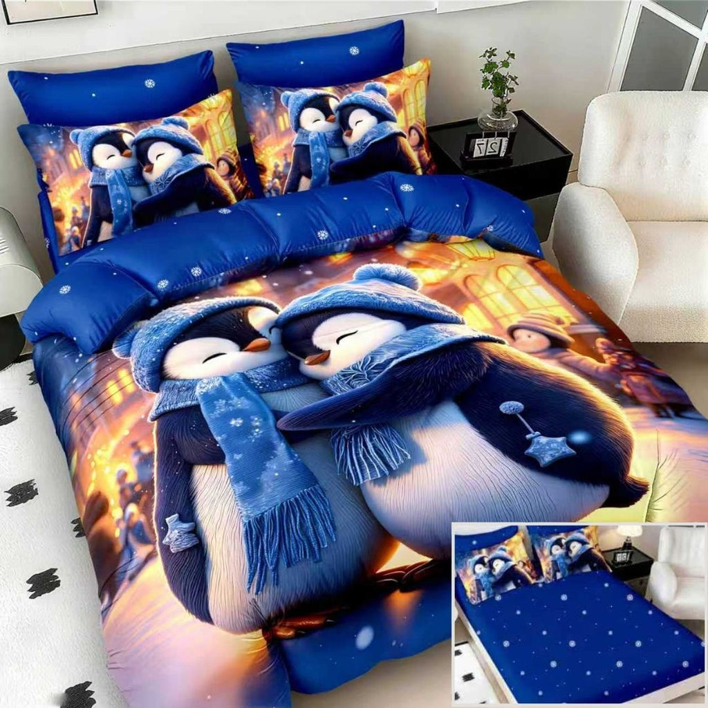 Lenjerii cu Elastic Bumbac Finet Craciun Print 5D Albastru Pinguin BFEQ117