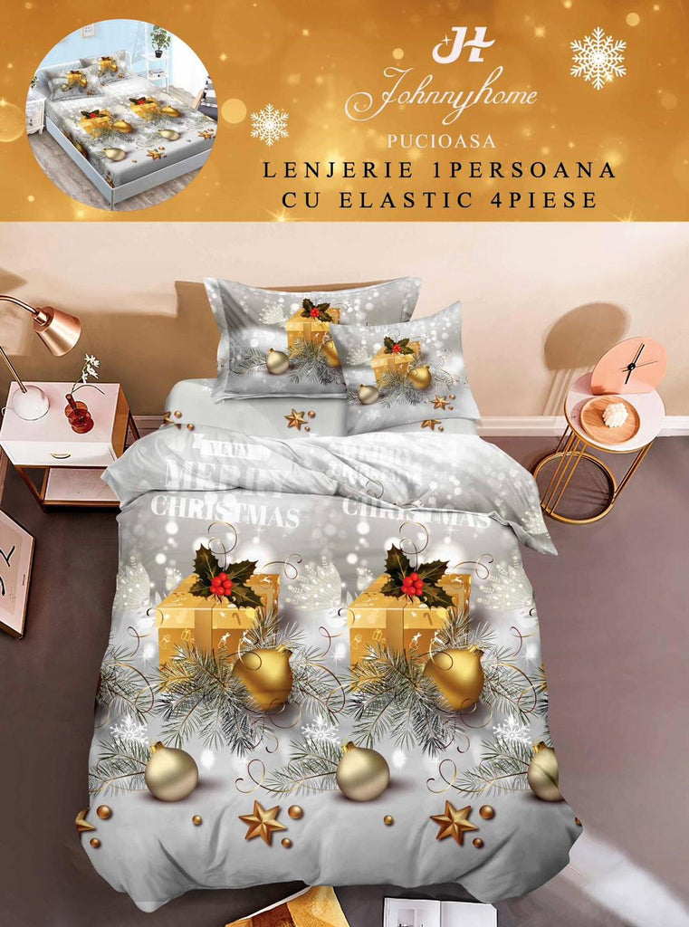 Lenjerii Bumbac Finet Pat 1 Persoana Craciun Gri Ornamente LSEQ04