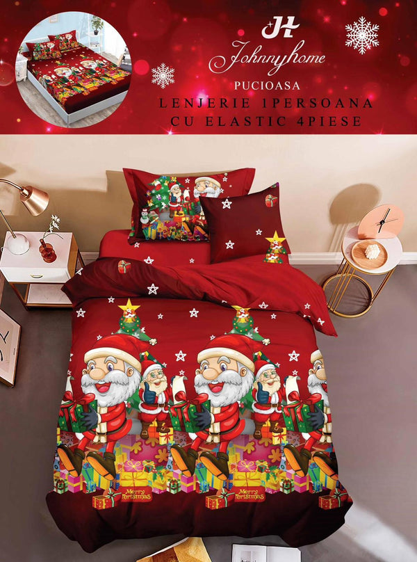 Lenjerii Bumbac Finet Pat 1 Persoana Craciun Rosii Peisaj de Sarbatoare LSEQ06