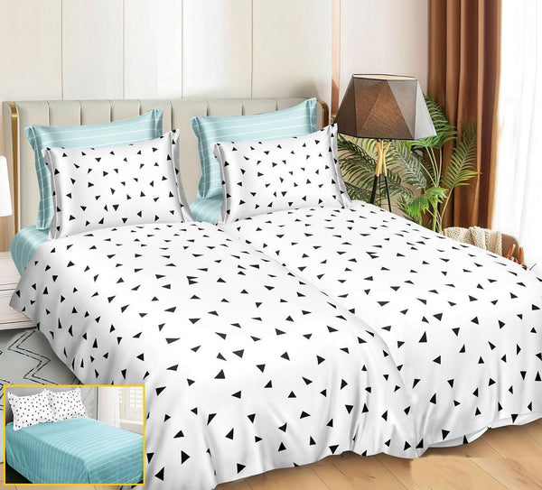 Lenjerii Bumbac Satinat Pucioasa cu 2 Cearsafuri Pilota Albe Geometric LK33