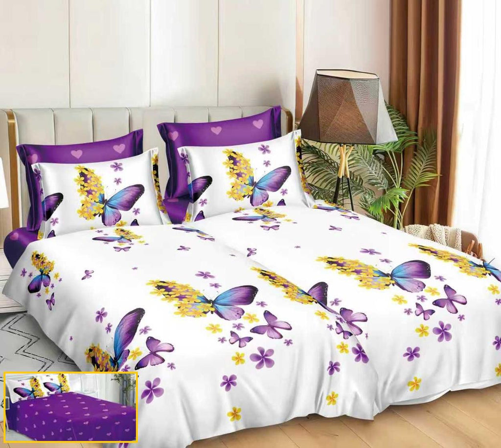 Lenjerii Bumbac Satinat Pucioasa cu 2 Cearsafuri Pilota Albe Mov Fluturasi LK10