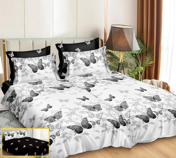Lenjerii Bumbac Satinat Pucioasa cu 2 Cearsafuri Pilota Alb Negru Fluturasi LK28