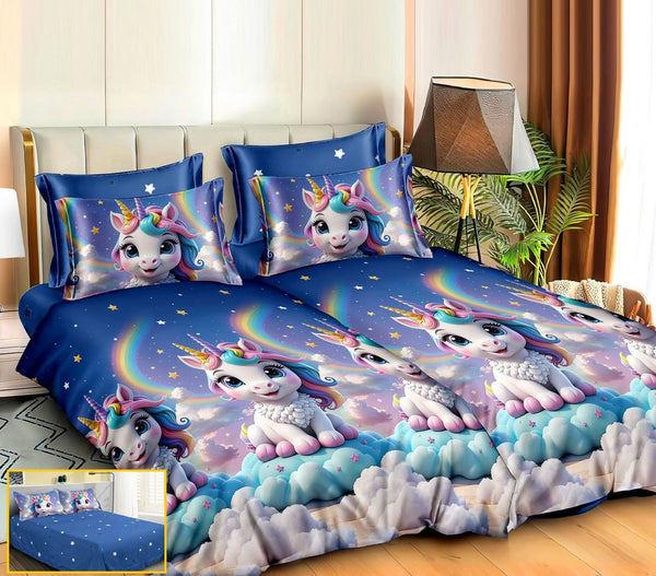 lenjerii bumbac satinat pucioasa cu 2 cearsafuri pilota albastru curcubeu unicorni LK55