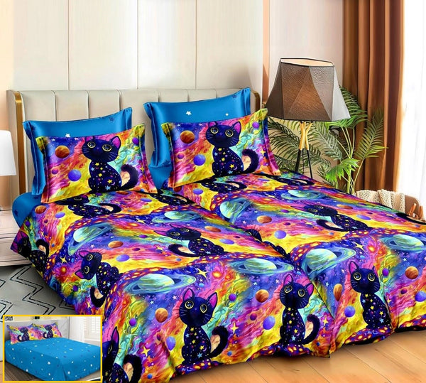 lenjerii bumbac satinat  cu 2 cearsafuri pilota  albastru multicolor pisica