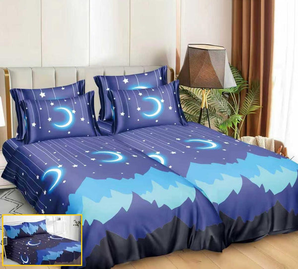 Lenjerii Bumbac Satinat Pucioasa cu 2 Cearsafuri Pilota Albastre Stele Semiluna LK25