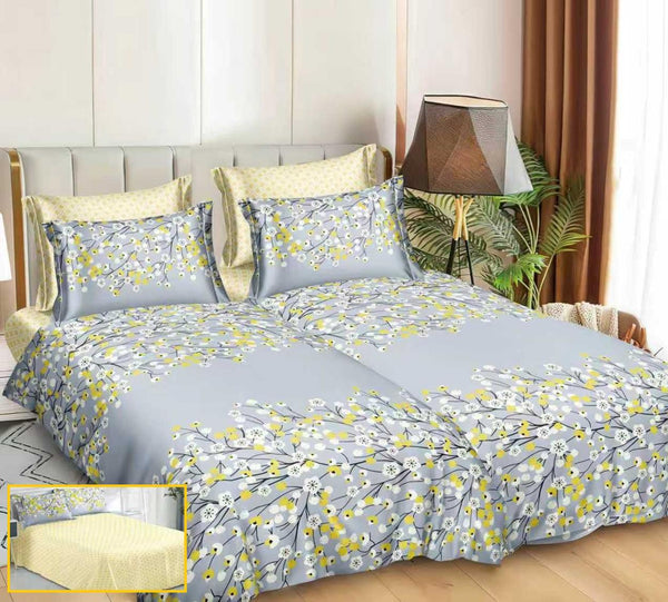Lenjerii Bumbac Satinat Pucioasa cu 2 Cearsafuri Pilota Bleu Galben Floral LK31
