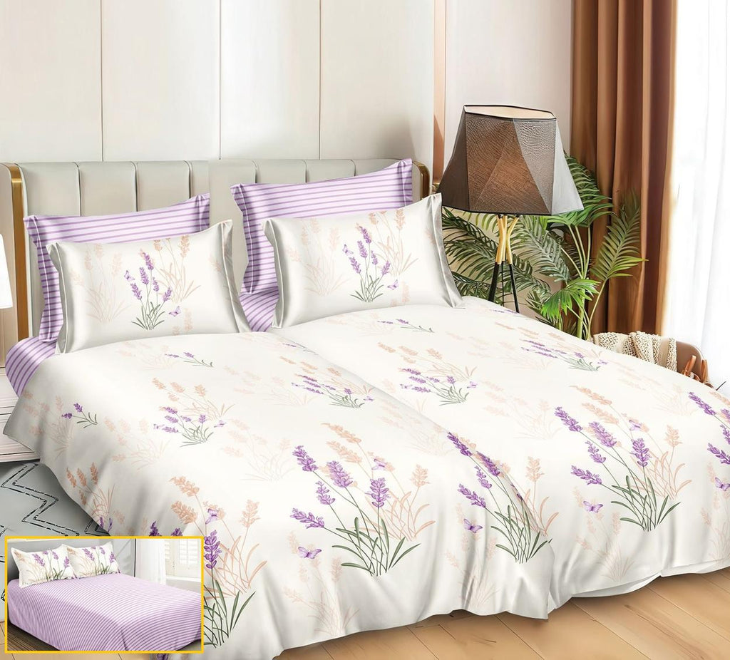 Lenjerii Bumbac Satinat Pucioasa cu 2 Cearsafuri Pilota Crem Mov Floral LK20