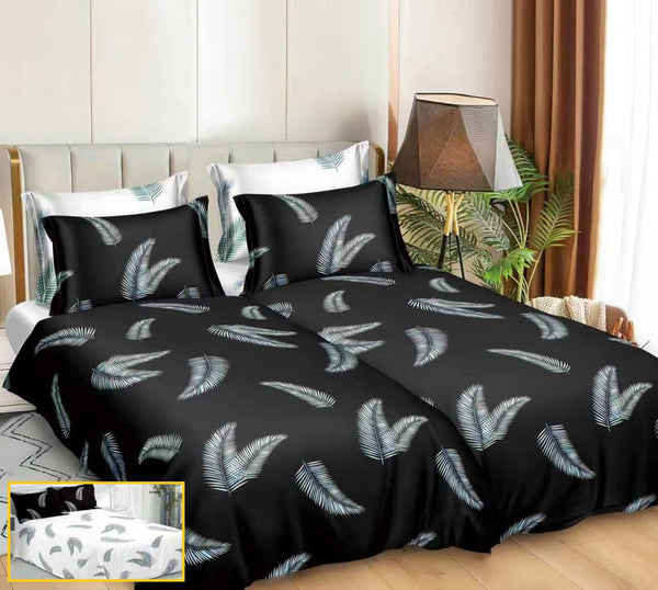 Lenjerii Bumbac Satinat Pucioasa cu 2 Cearsafuri Pilota Negre Frunze LK30
