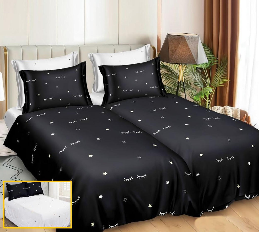 Lenjerii Bumbac Satinat Pucioasa cu 2 Cearsafuri Pilota Negre Stelute LK15
