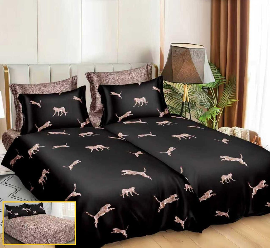 Lenjerii Bumbac Satinat Pucioasa cu 2 Cearsafuri Pilota Negre Maro Leopard LK04