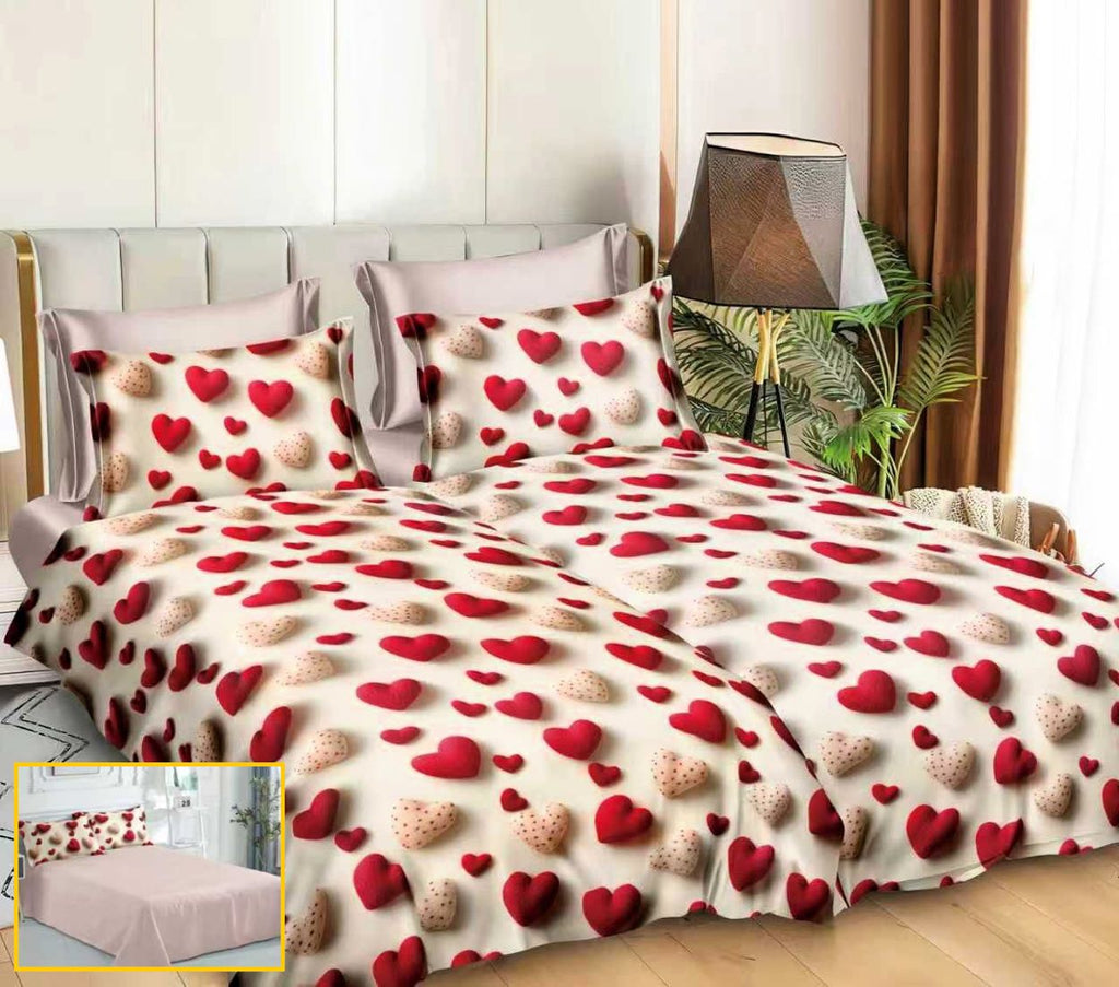 lenjerii bumbac satinat cu 2 cearsafuri pilota crem rosu inimioare LK40