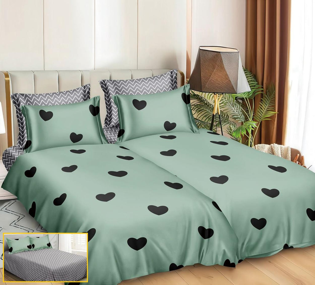 Lenjerii Bumbac Satinat Pucioasa cu 2 Cearsafuri Pilota Verde Inimioare LK27