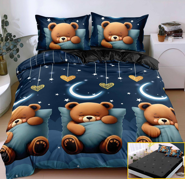 Lenjerie-cu-ELASTIC-Bumbac-Satinat-Superior-4-Piese-Pat-Dublu-Albastru-Ursuleti-Cod-LE165