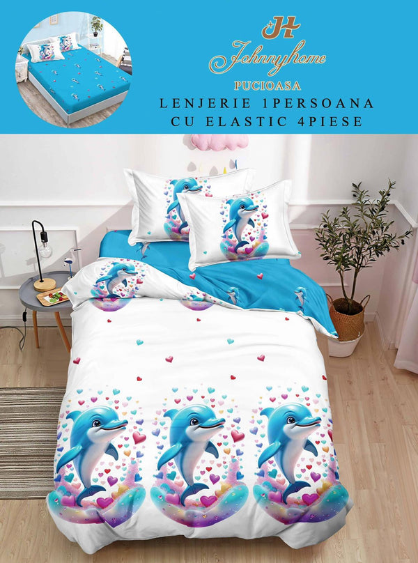 Lenjerii cu Elastic o Persoana Pucioasa Finet Albe Albastre Delfini LSE143