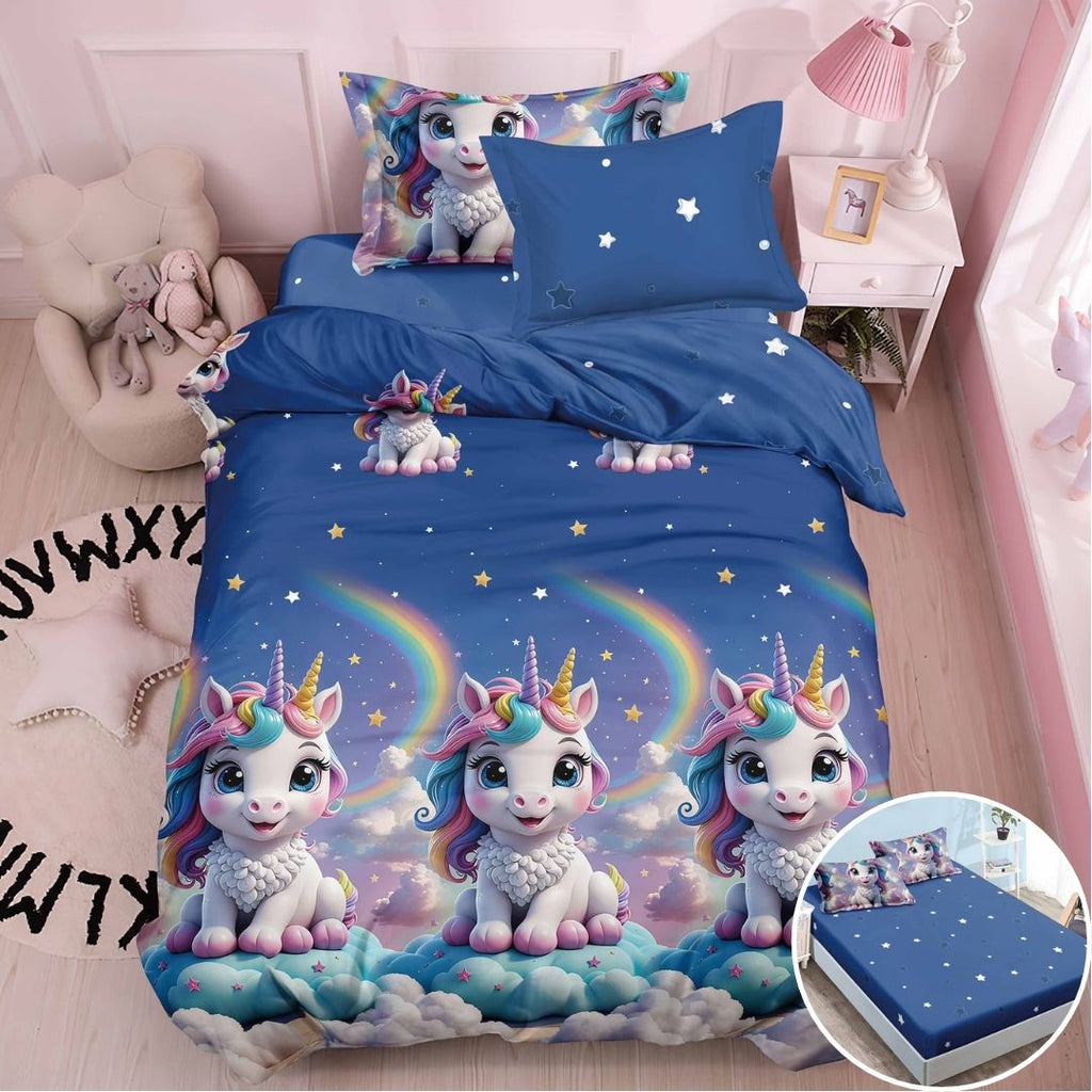 Lenjerii cu Elastic o Persoana Pucioasa Bumbac Satinat Albastru Unicorni LSY43
