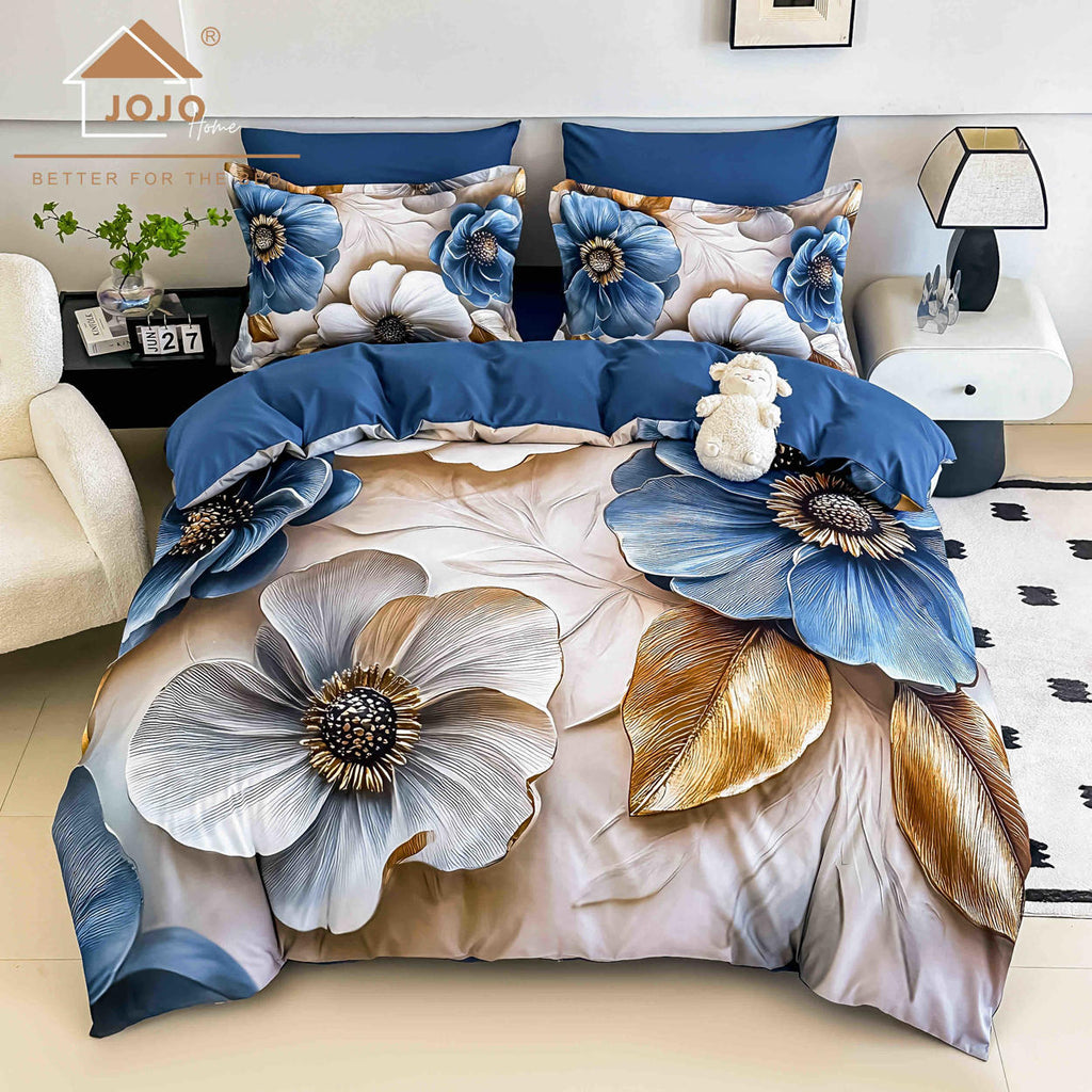 Lenjerii cu Elastic o Persoana Bumbac Finet 5D Albastre Floral LSEJ48