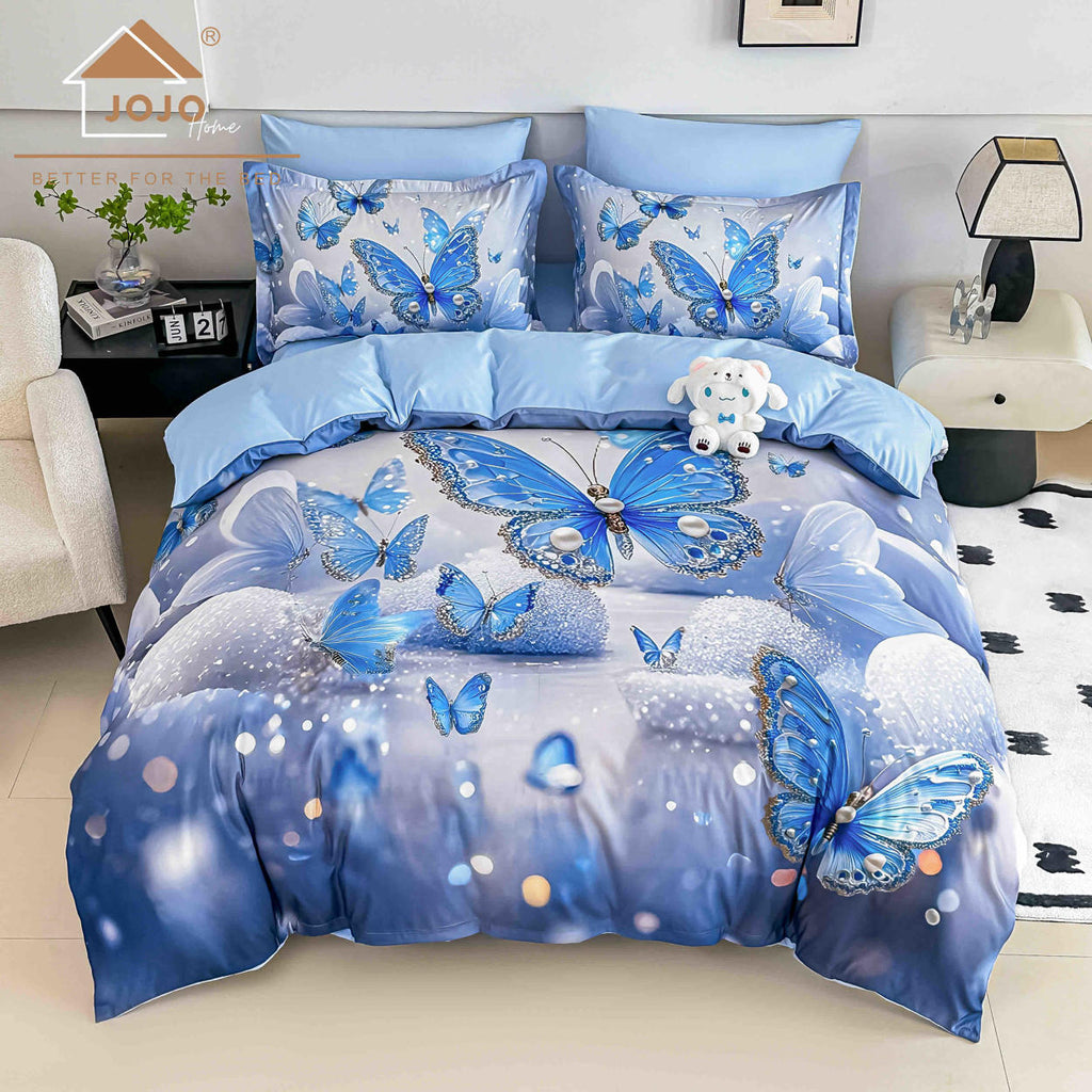 Lenjerii cu Elastic o Persoana Bumbac Finet 5D Albastre Fluturasi LSEJ50