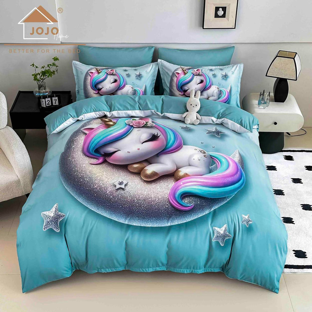 Lenjerii cu Elastic o Persoana Bumbac Finet 5D Albastre Unicorni LSEJ54