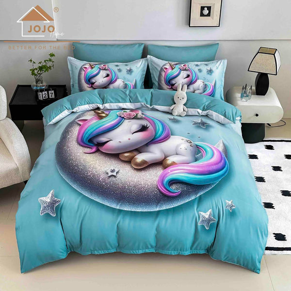 Lenjerii cu Elastic o Persoana Bumbac Finet 5D Albastre Unicorni LSEJ54