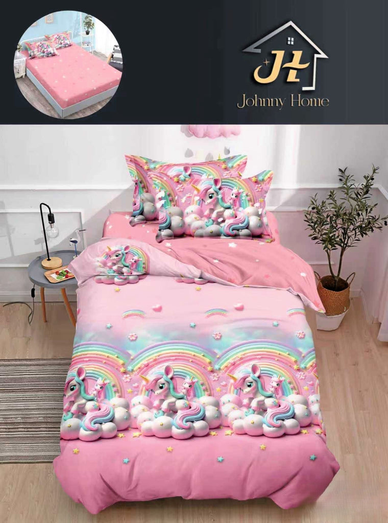 lenjerie cu elastic 1 persoana finet roz  unicorni LSE165